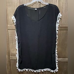 EUC Super cute Black sheer with white Pom Pom trim swimsuit coverup.